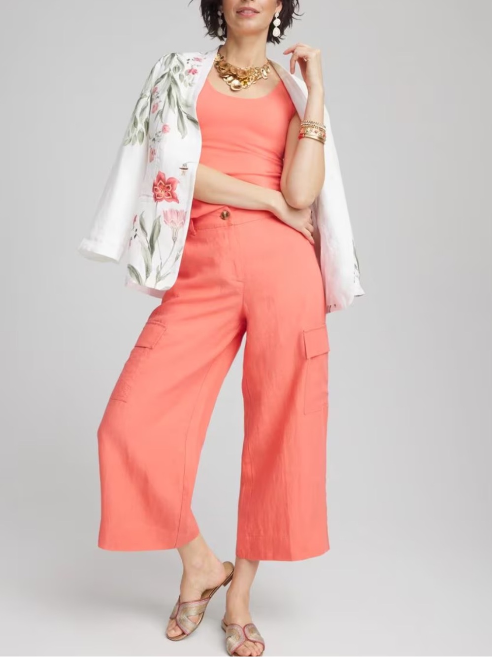 Chico's Wide-Leg Cargo Linen Cropped Pant Size 0/4 Melon Mambo